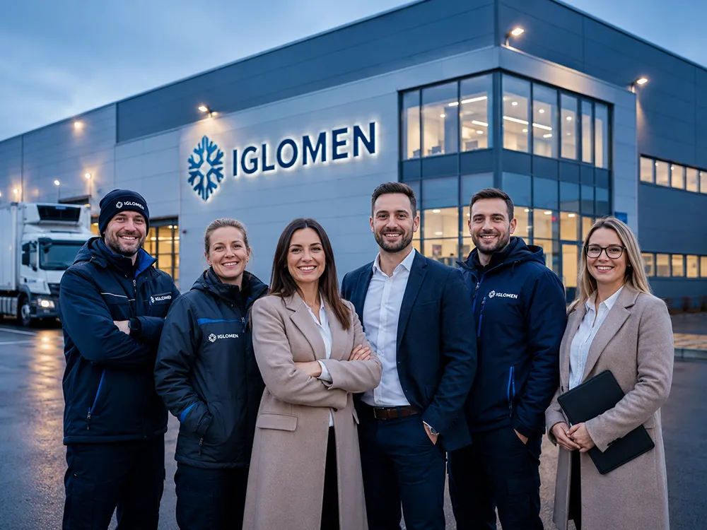 Pracownicy IGLOMEN przed budynkiem firmy i magazynem chłodniczym