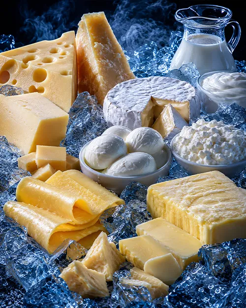 Sery, masło, mozzarella, twaróg i mleko prezentowane na lodzie